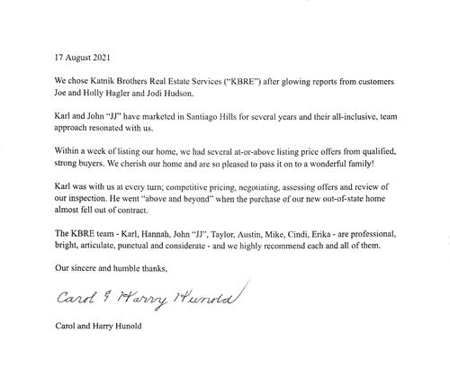 Harry and Carol Hunold Letter