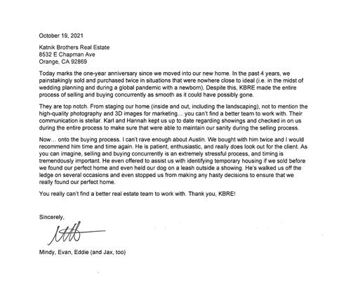 Mindy, Evan and Eddie Letter