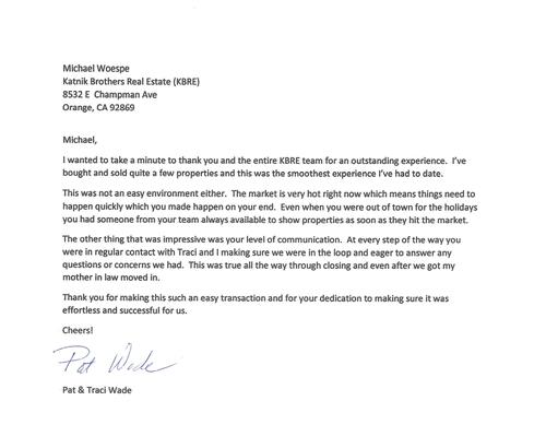 Pat & Traci Wade Letter
