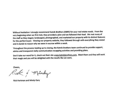 Rick Hartman & Mindy Gary Letter