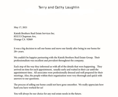Terry and Cathy Laughlin Letter