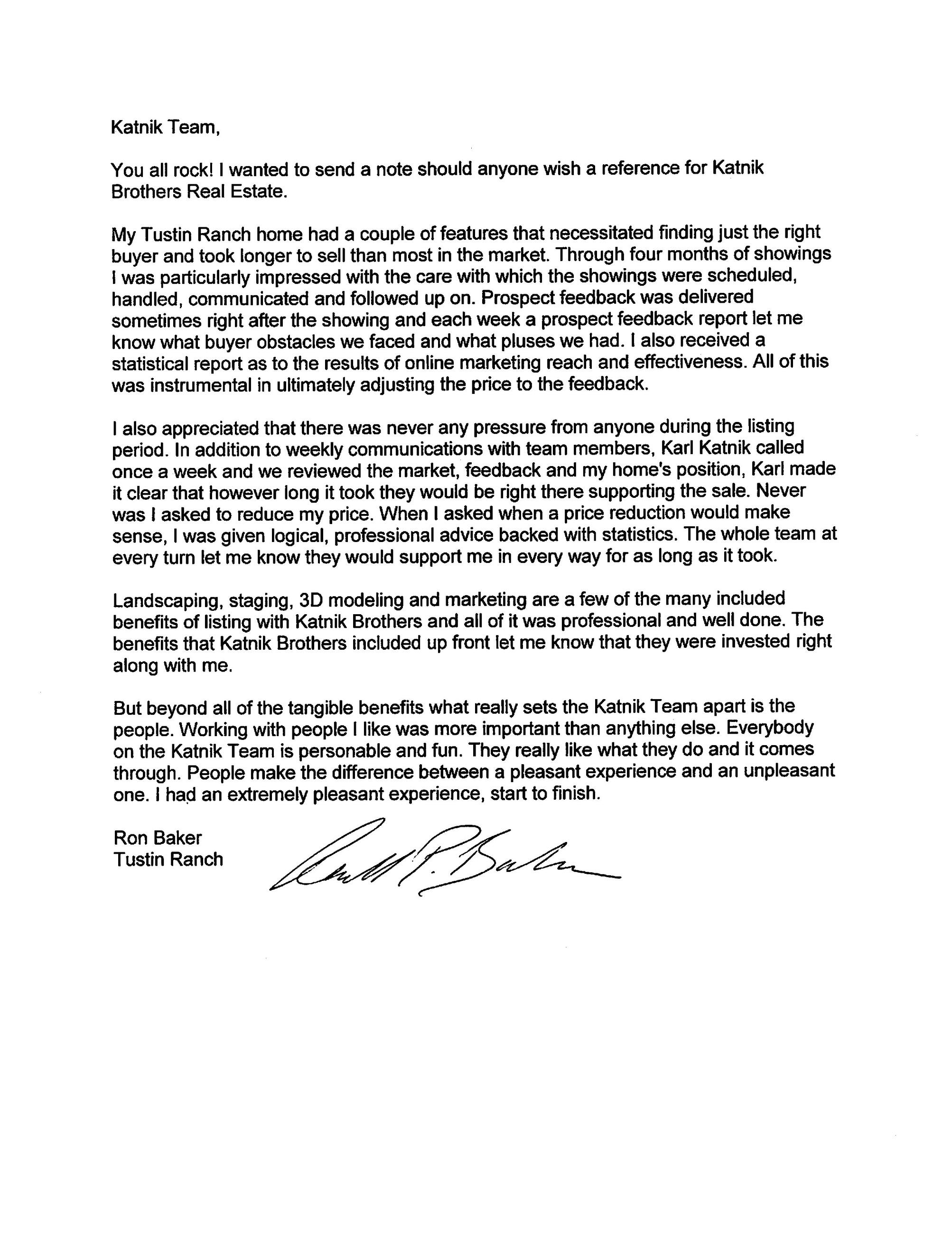 Ron Baker Letter