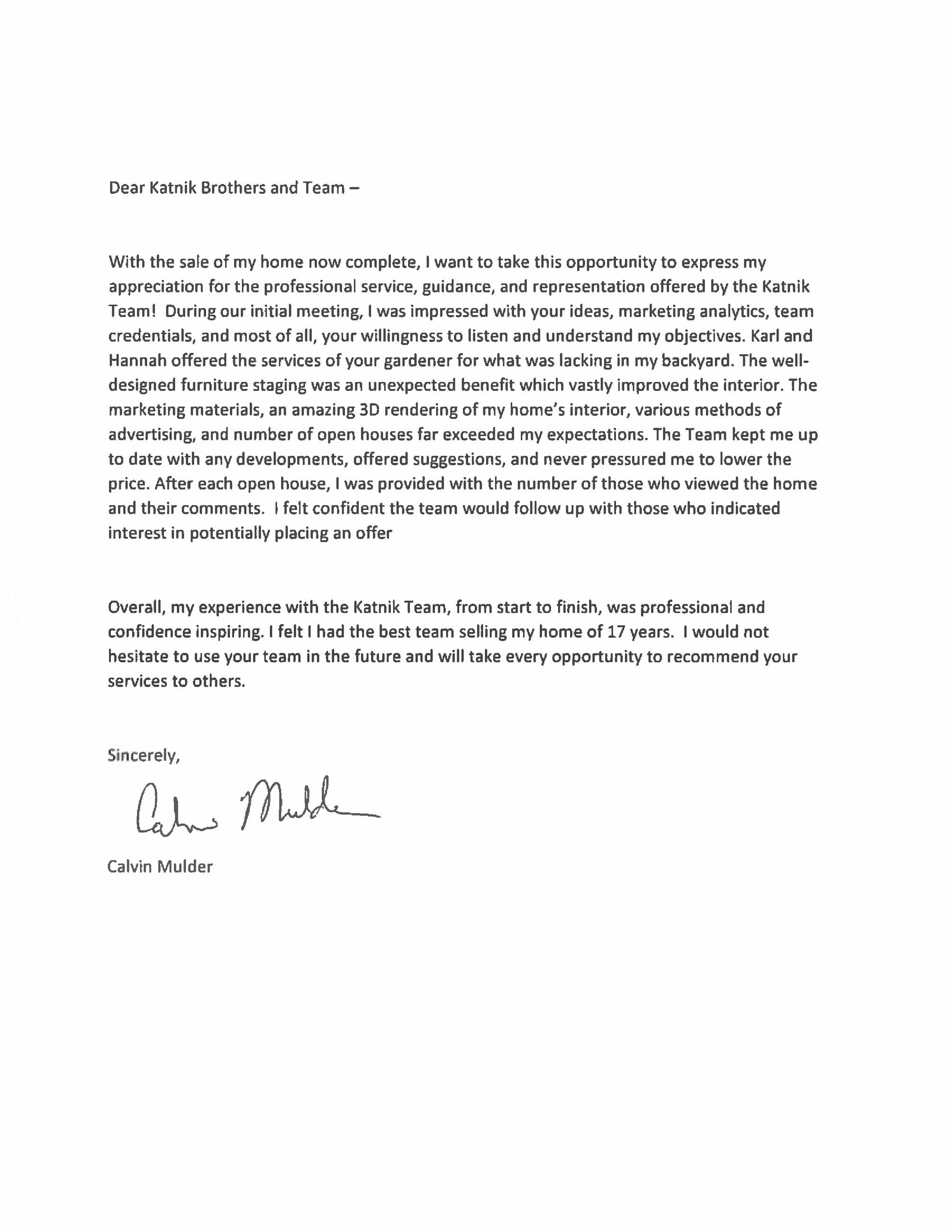 Calvin Mulder Letter