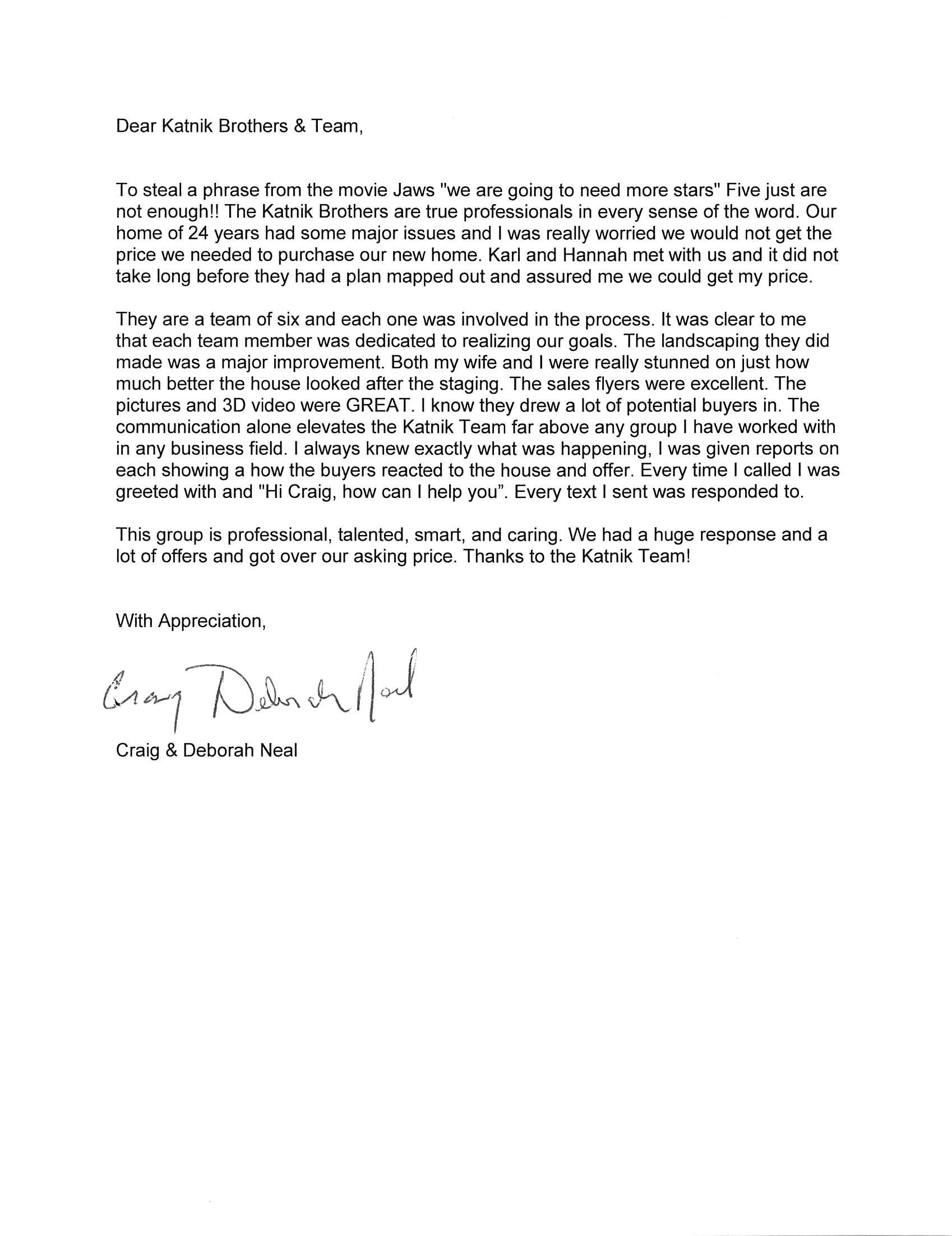 Craig Neal Appreciation Letter