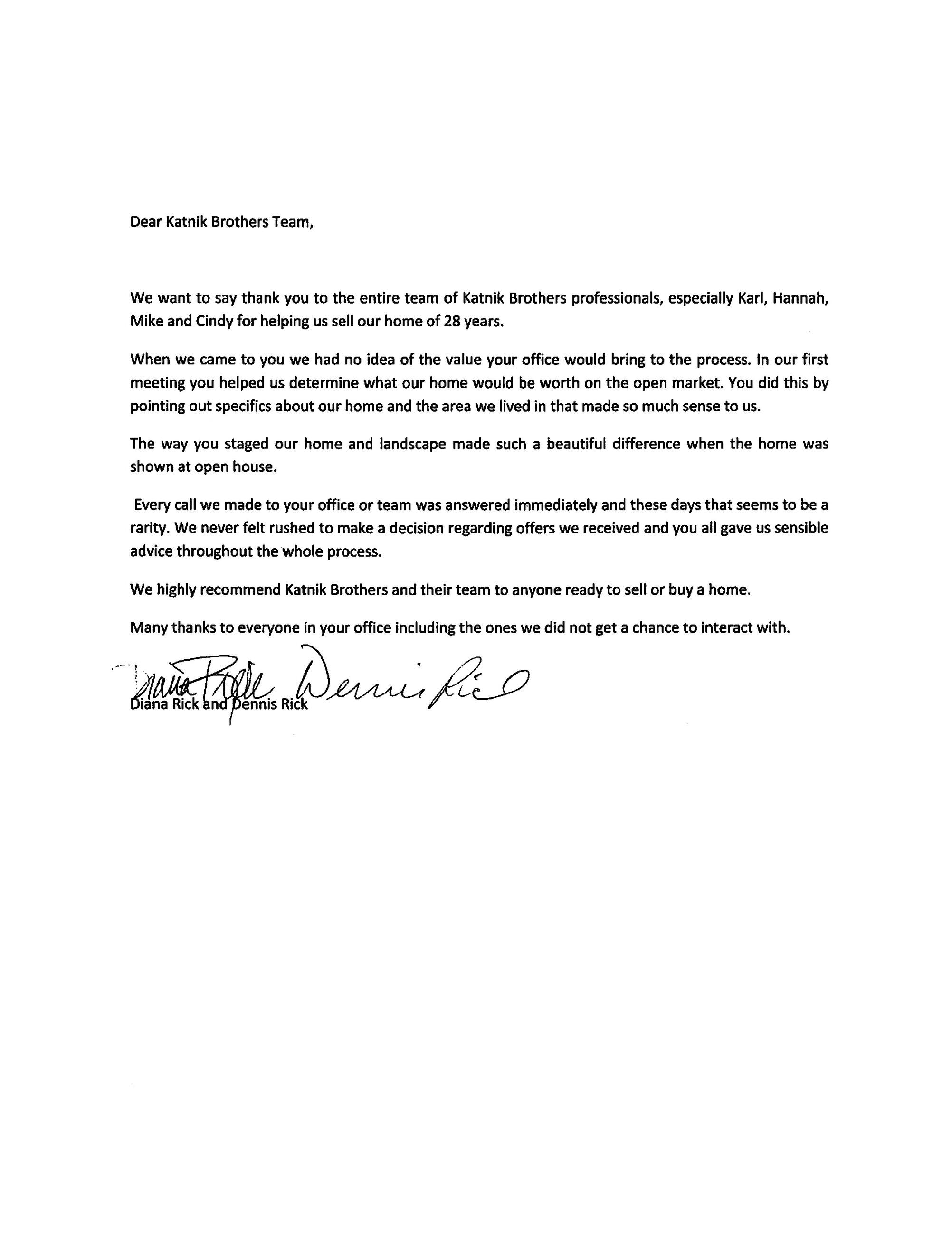 Diana Rick & Dennis Rick Family Letter
