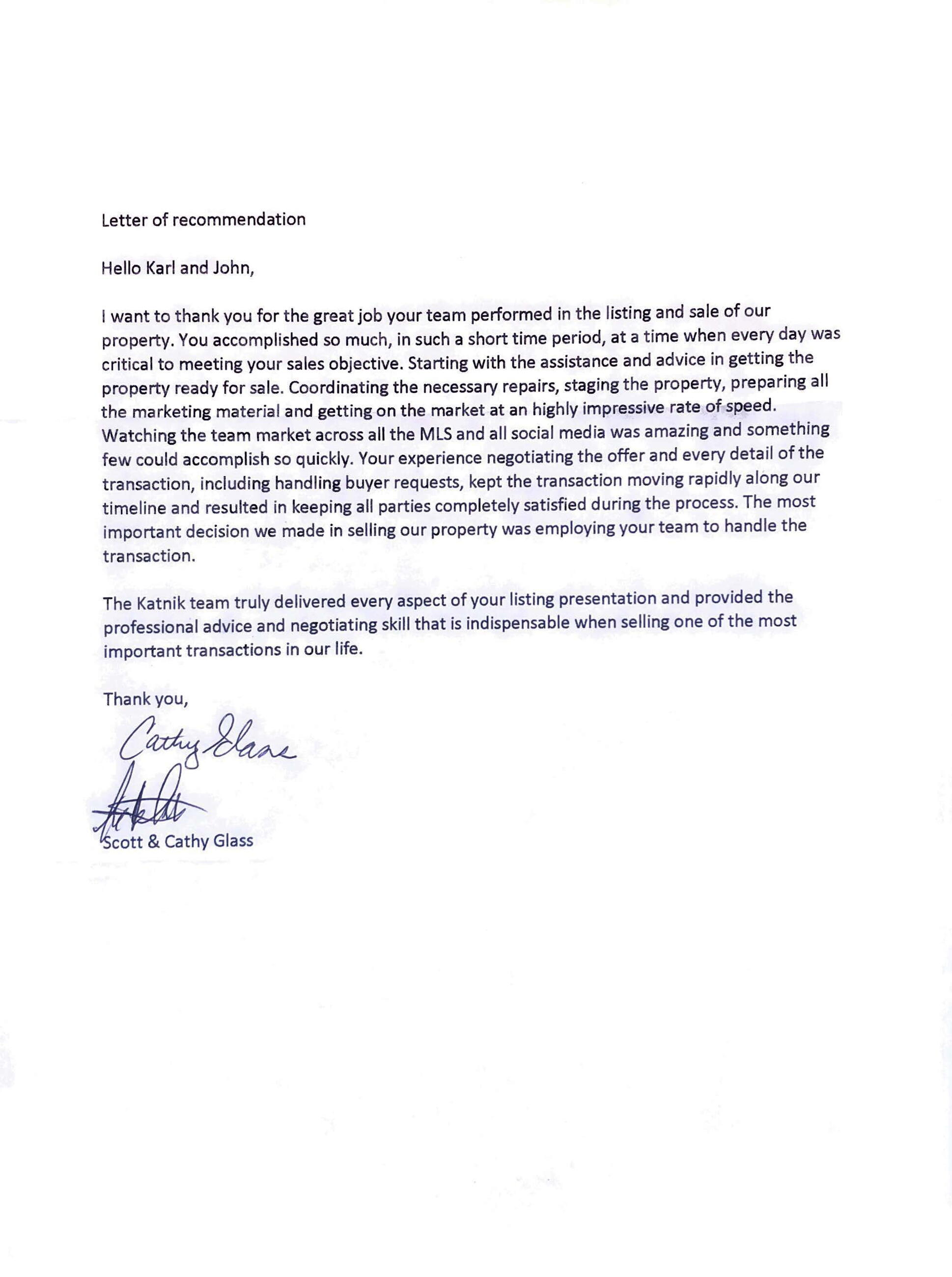 Scott and Cathy Glass Letter