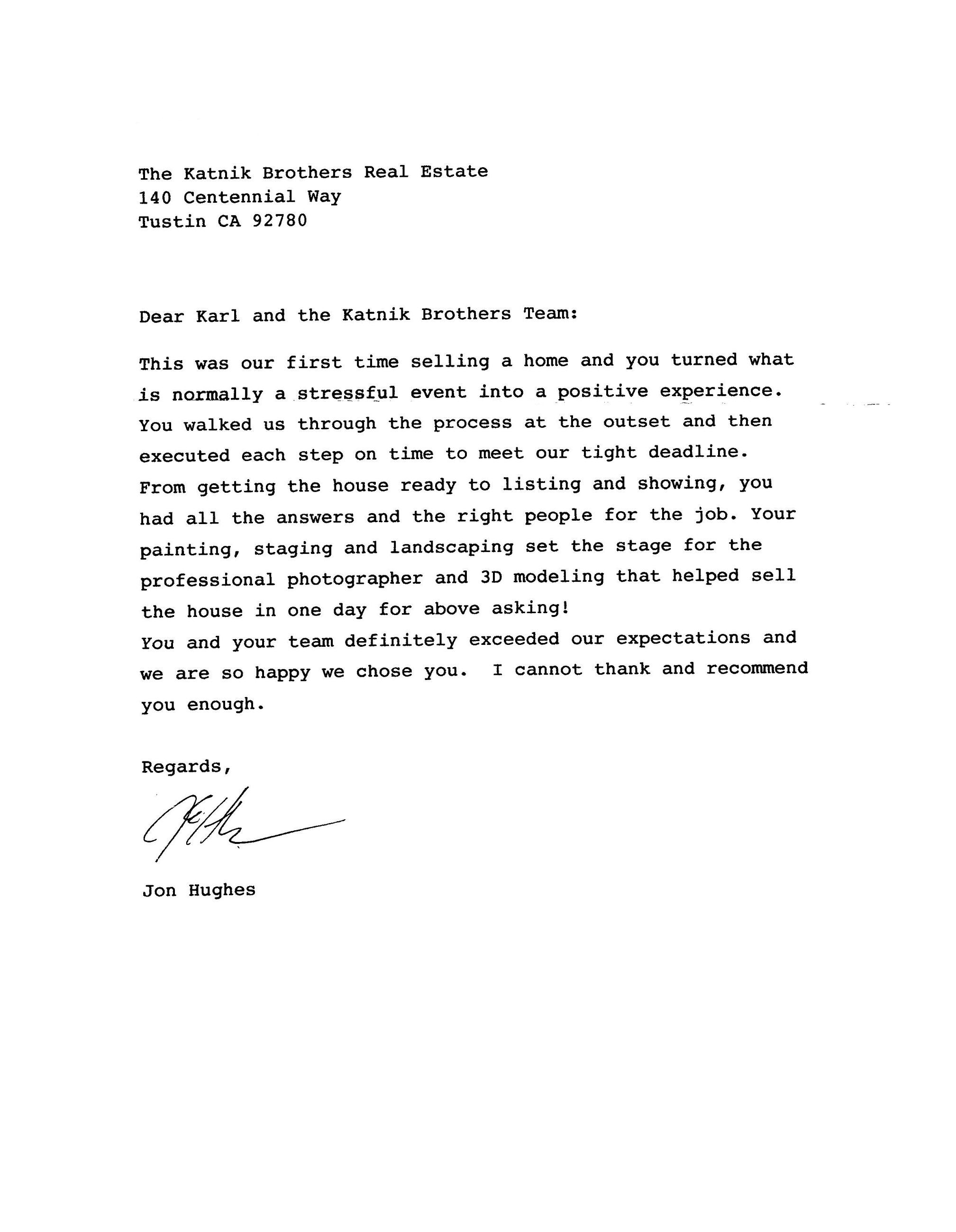 Hughes Appreciation Letter