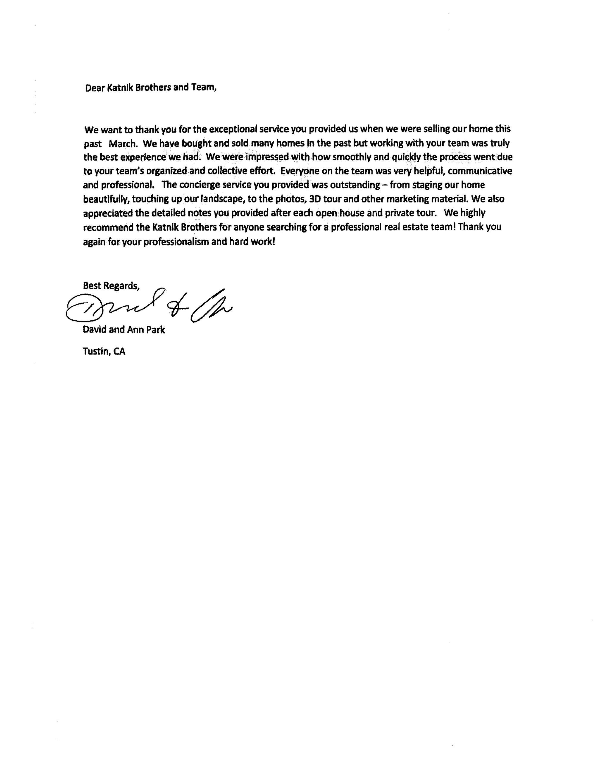 David and Ann Park Recommendation Letter