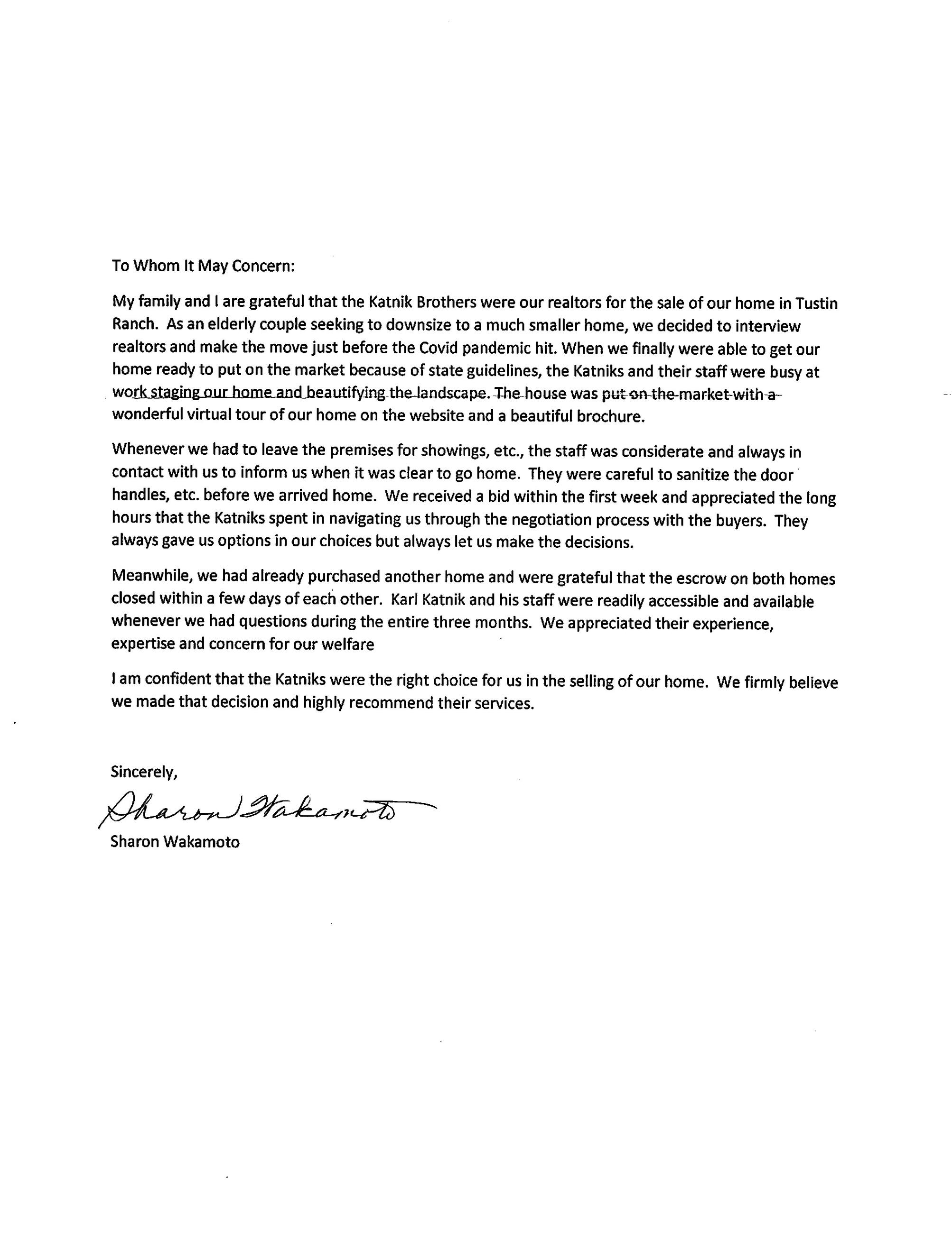 Sharon Wakamoto Letter of Recommendation