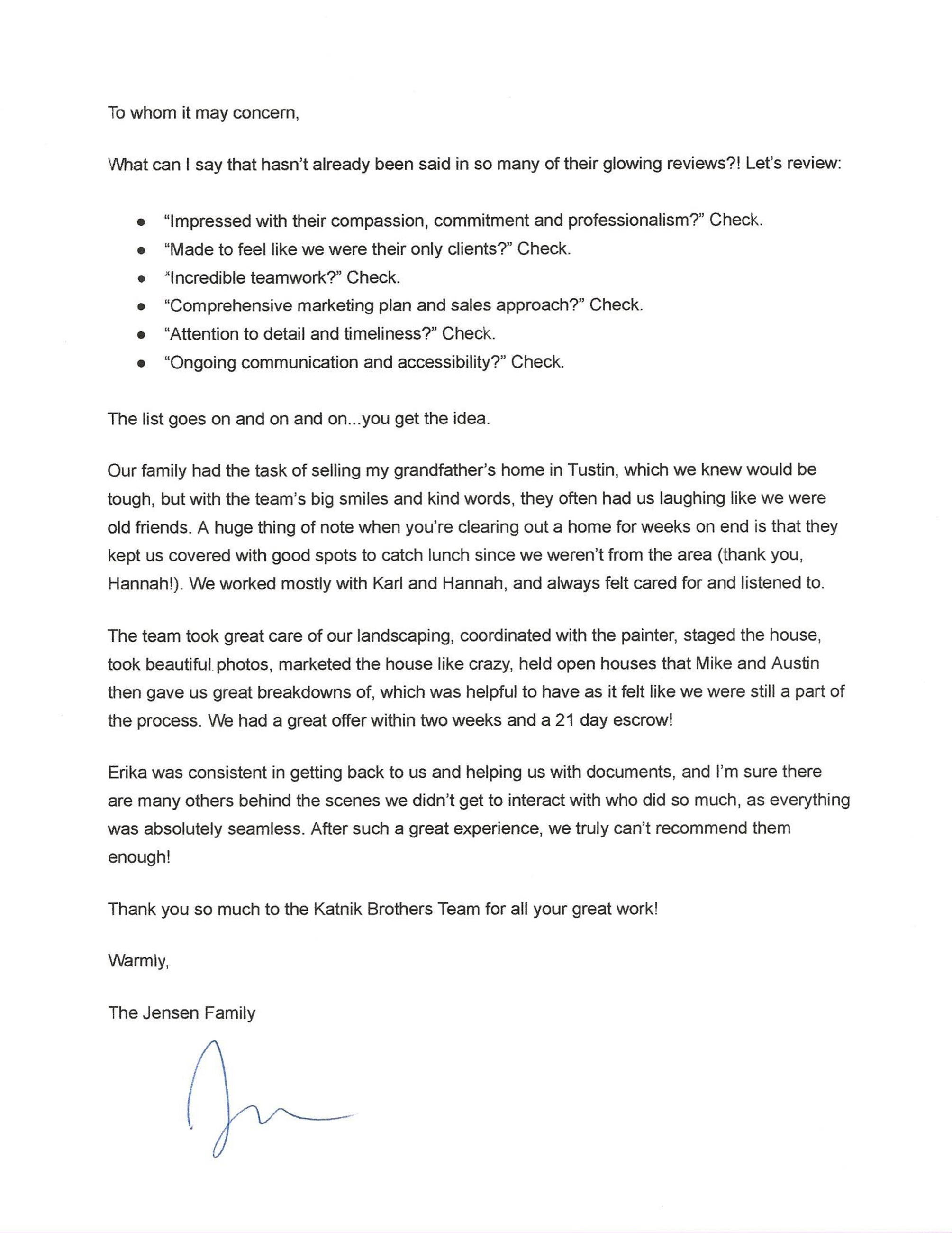 Jensen Family Letter