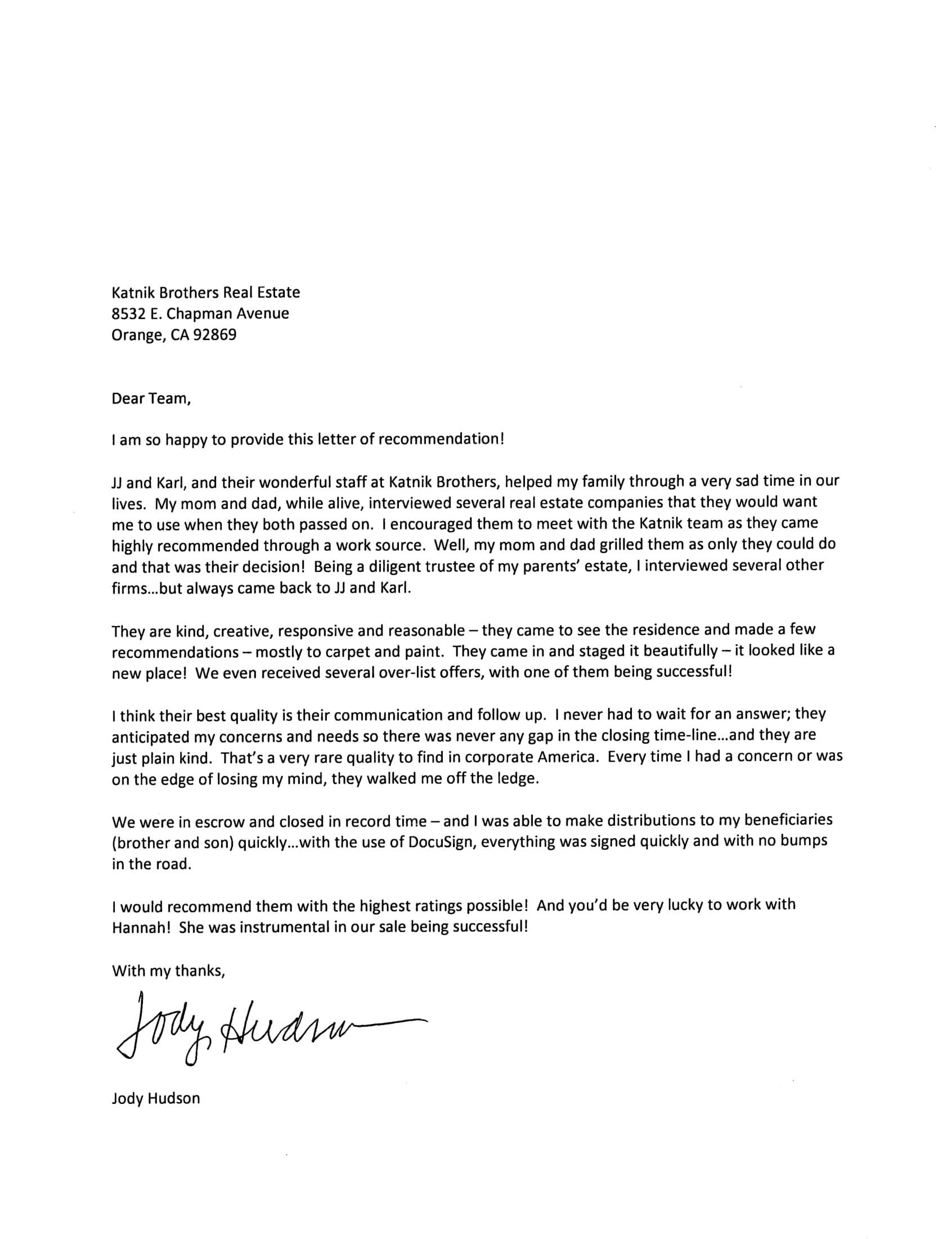 Jody Hudson Letter