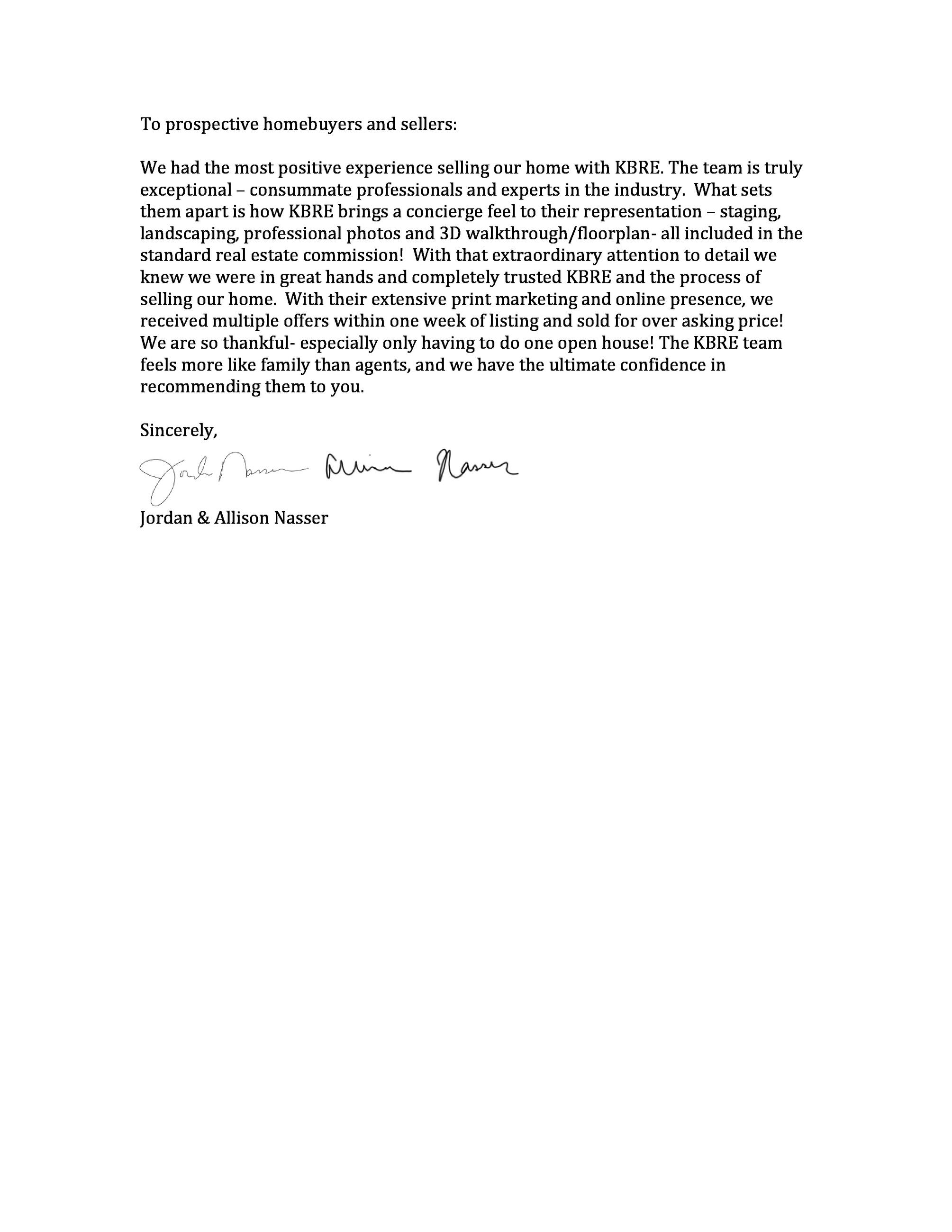 Jordan & Allison Nasser Letter