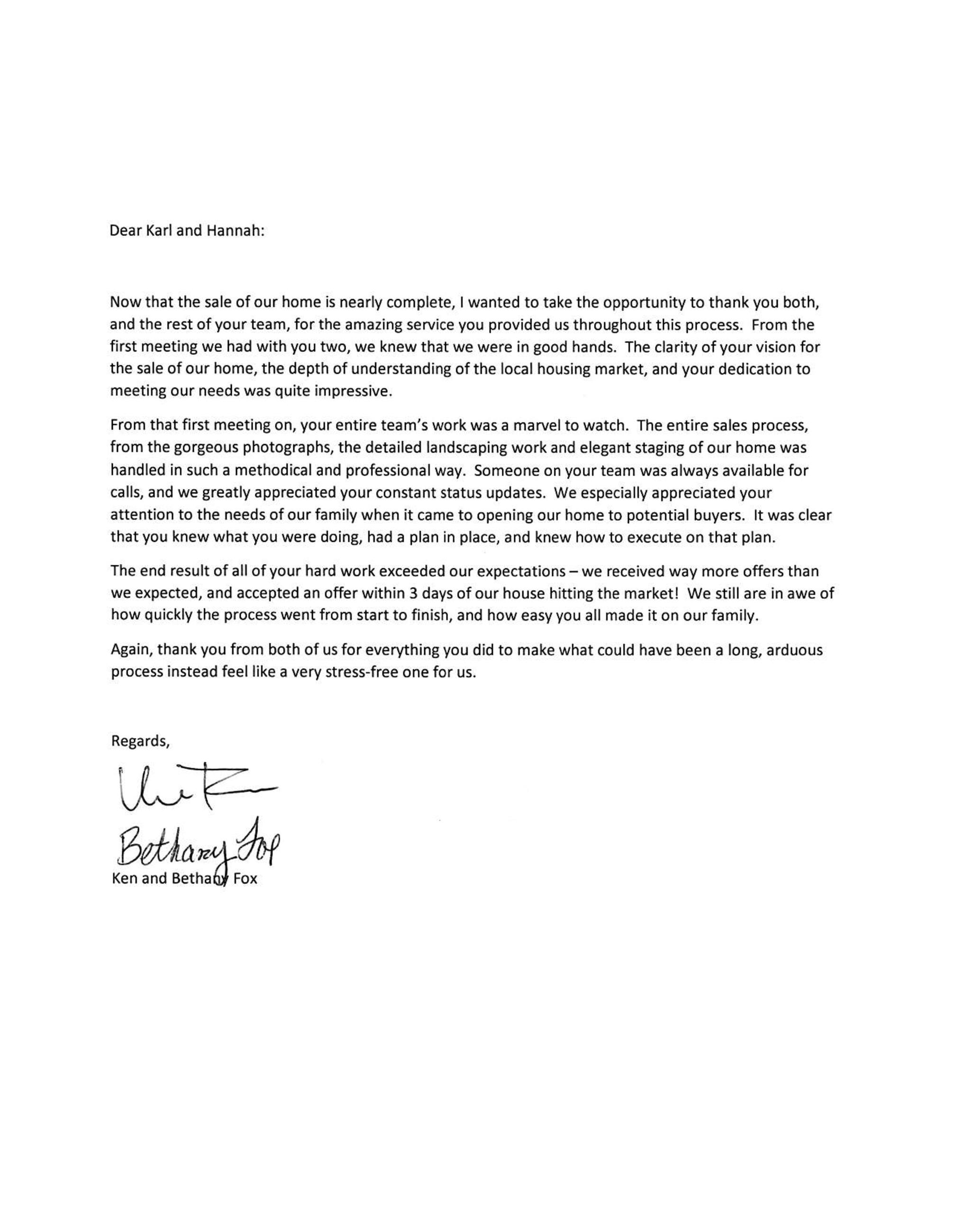 Ken & Bethany Fox Letter