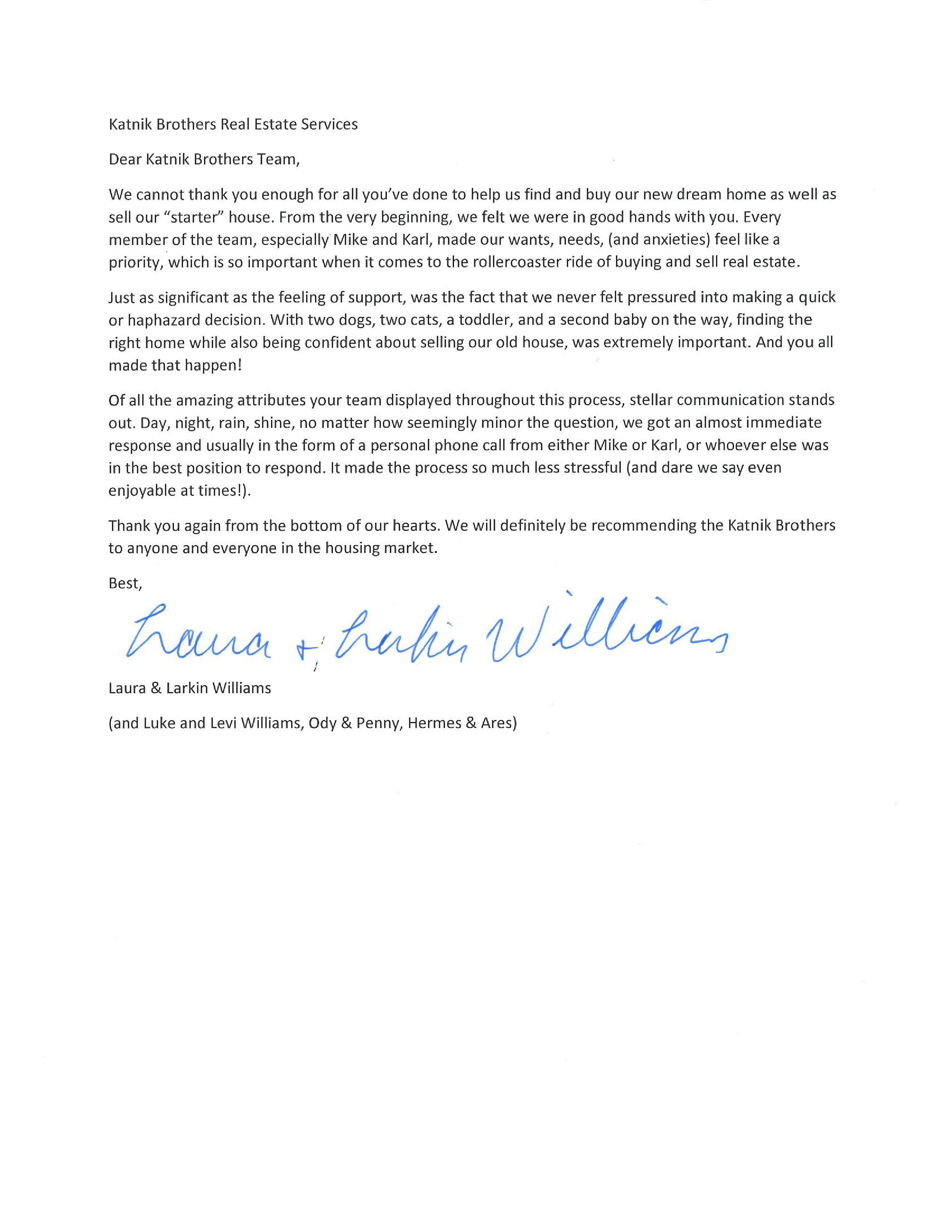 Laura & Larkin Williams Letter