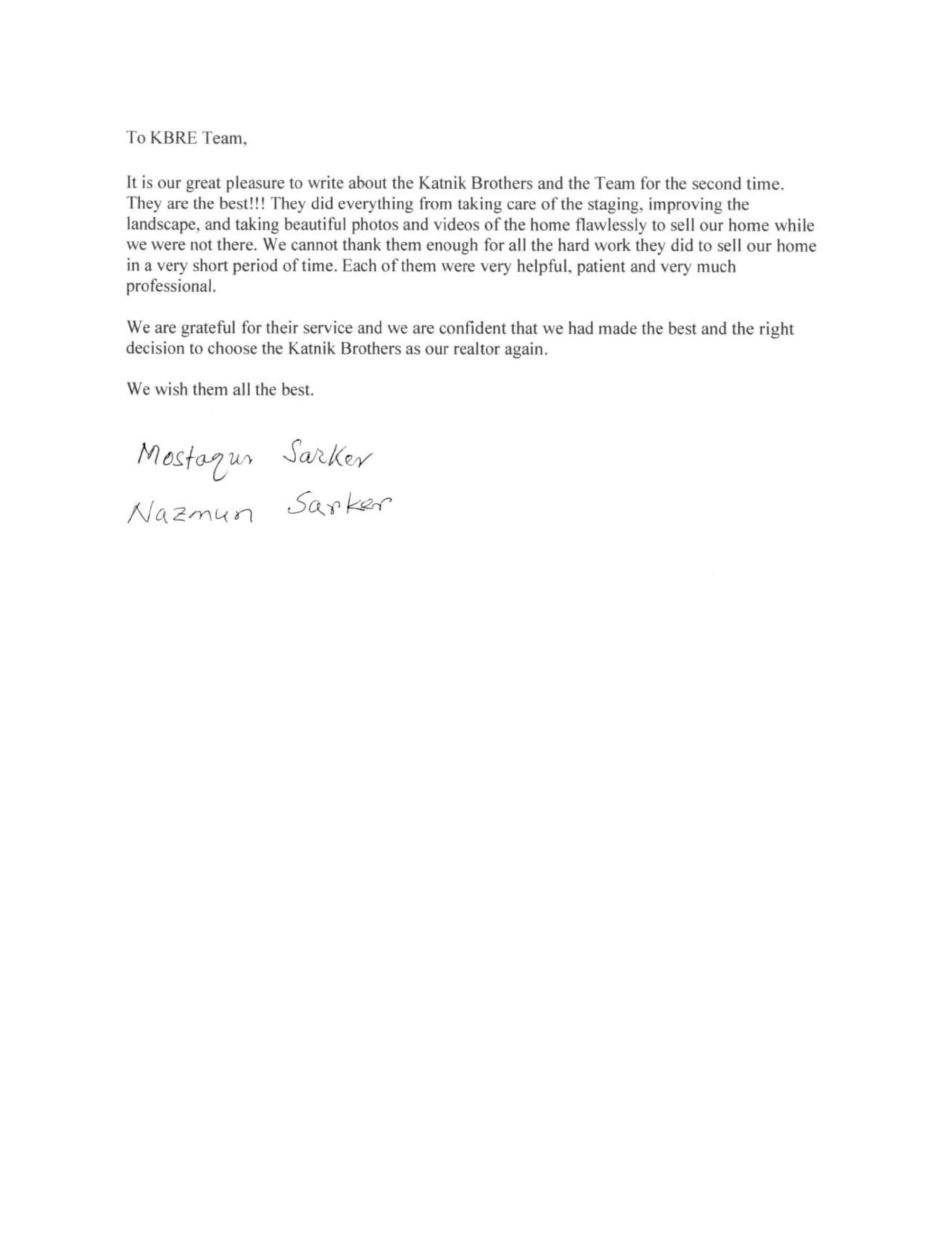 Mostaqur & Nazmun Sarker Letter