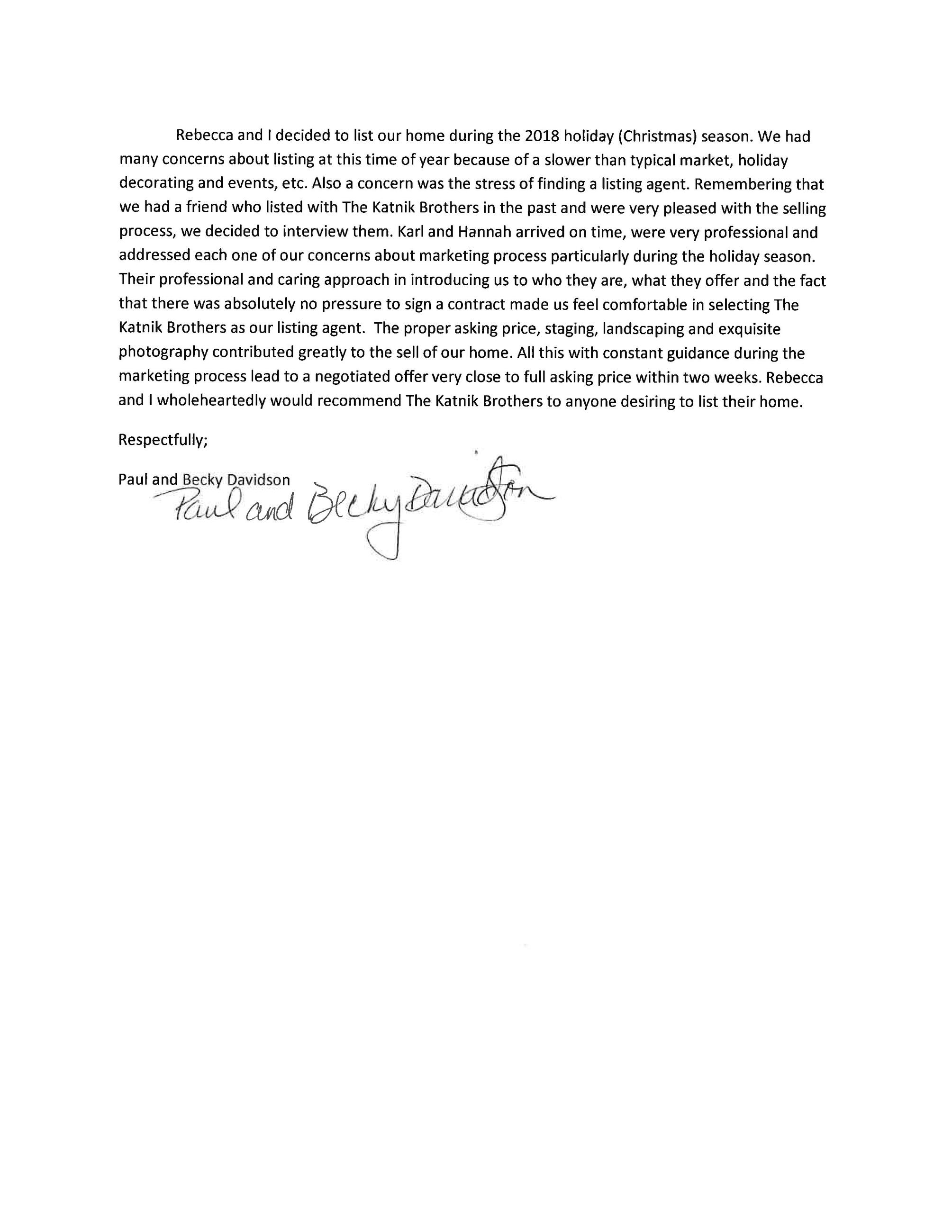 Paul & Becky Davidson Letter