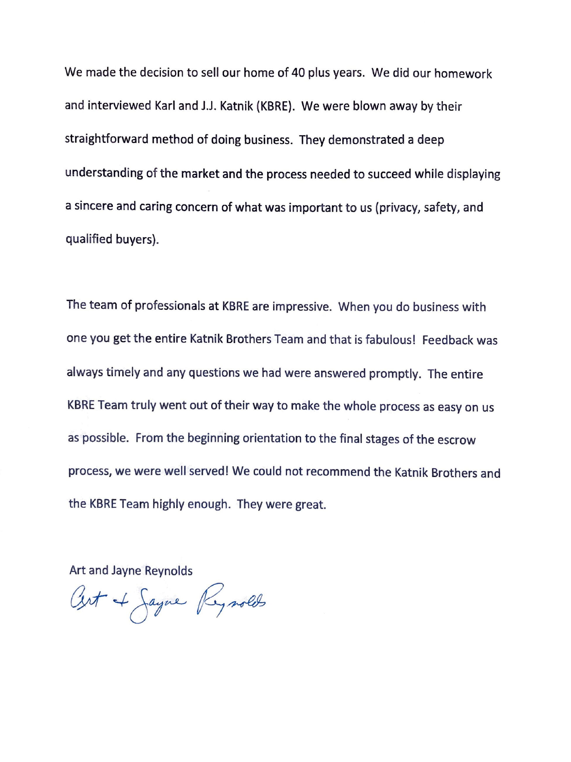 Art and Jayne Reynolds Letter