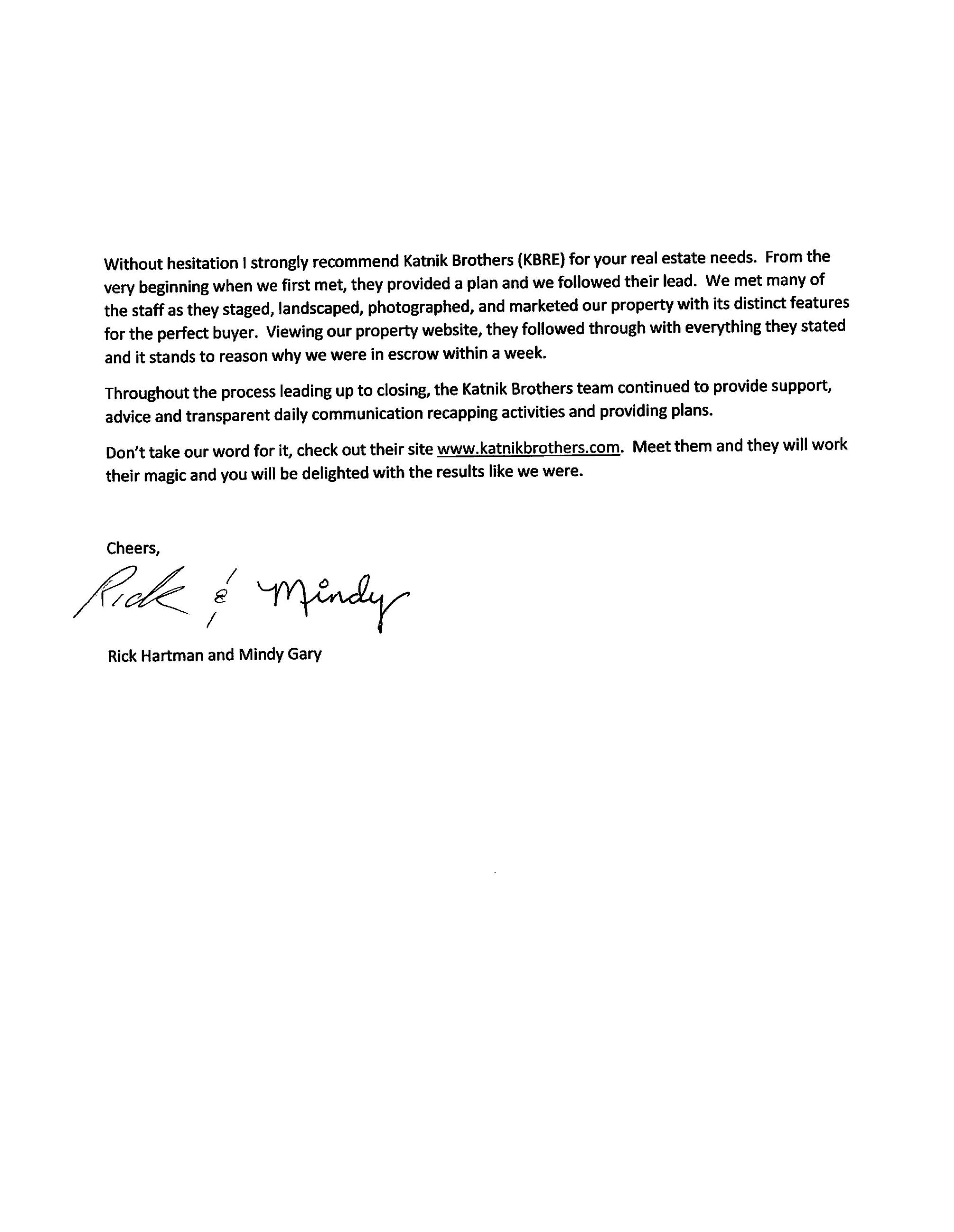 Rick Hartman & Mindy Gary Letter