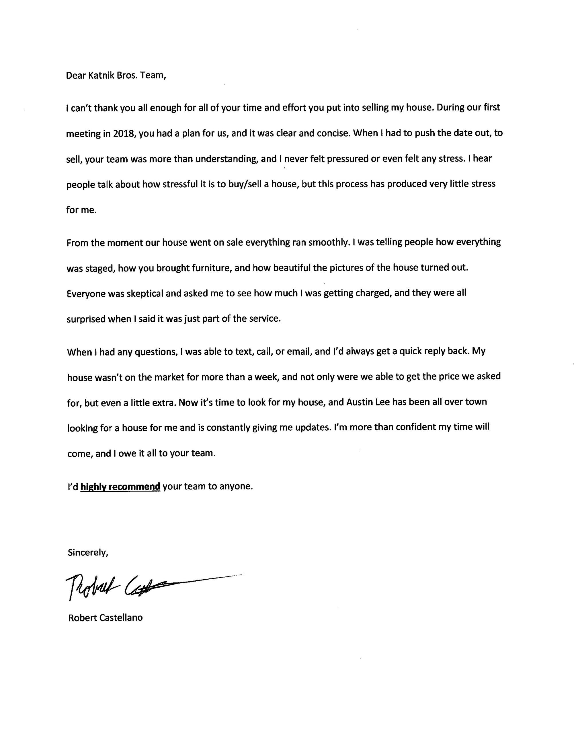 Rob Castellano Letter