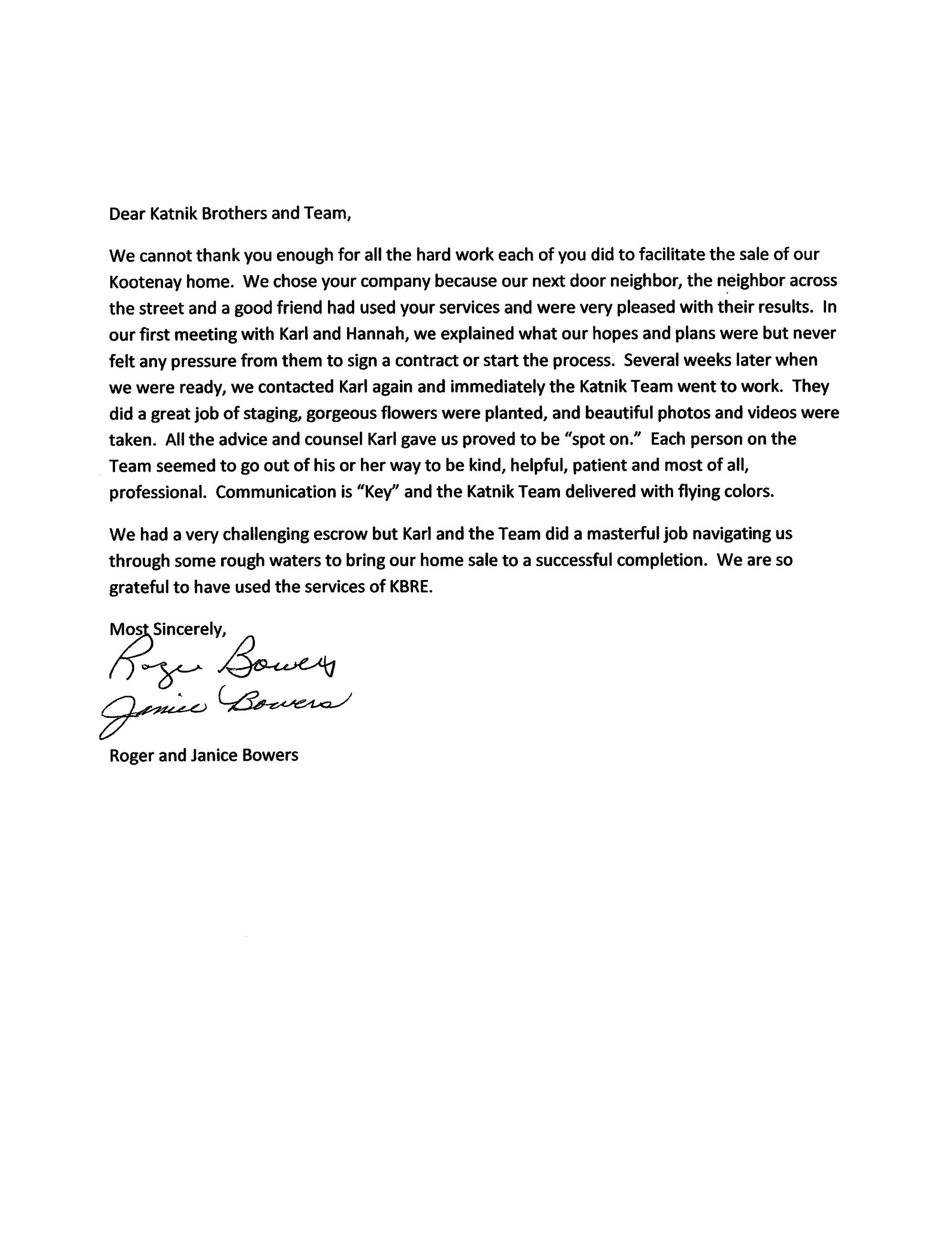 Roger & Janice Bowers Letter