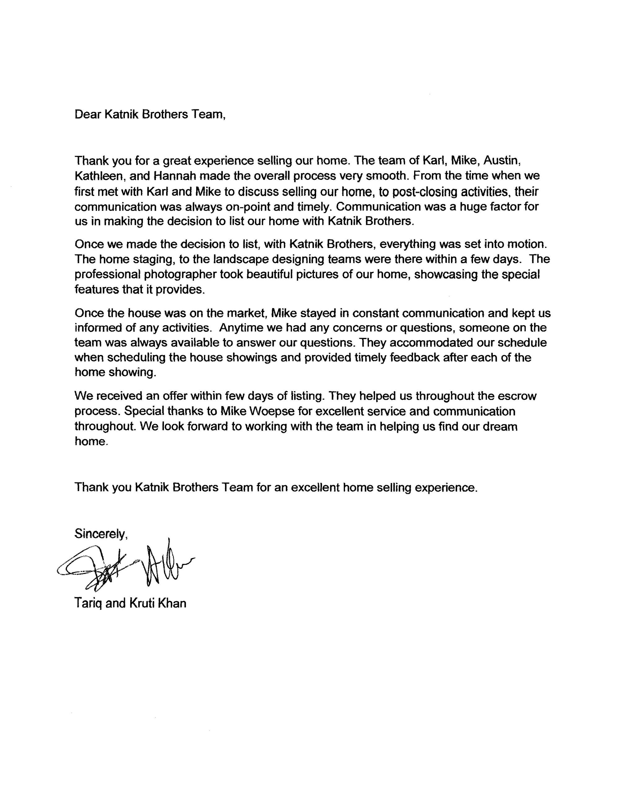 Tariq & Kruti Khan Letter