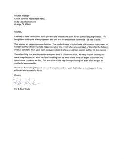 Pat & Traci Wade Letter